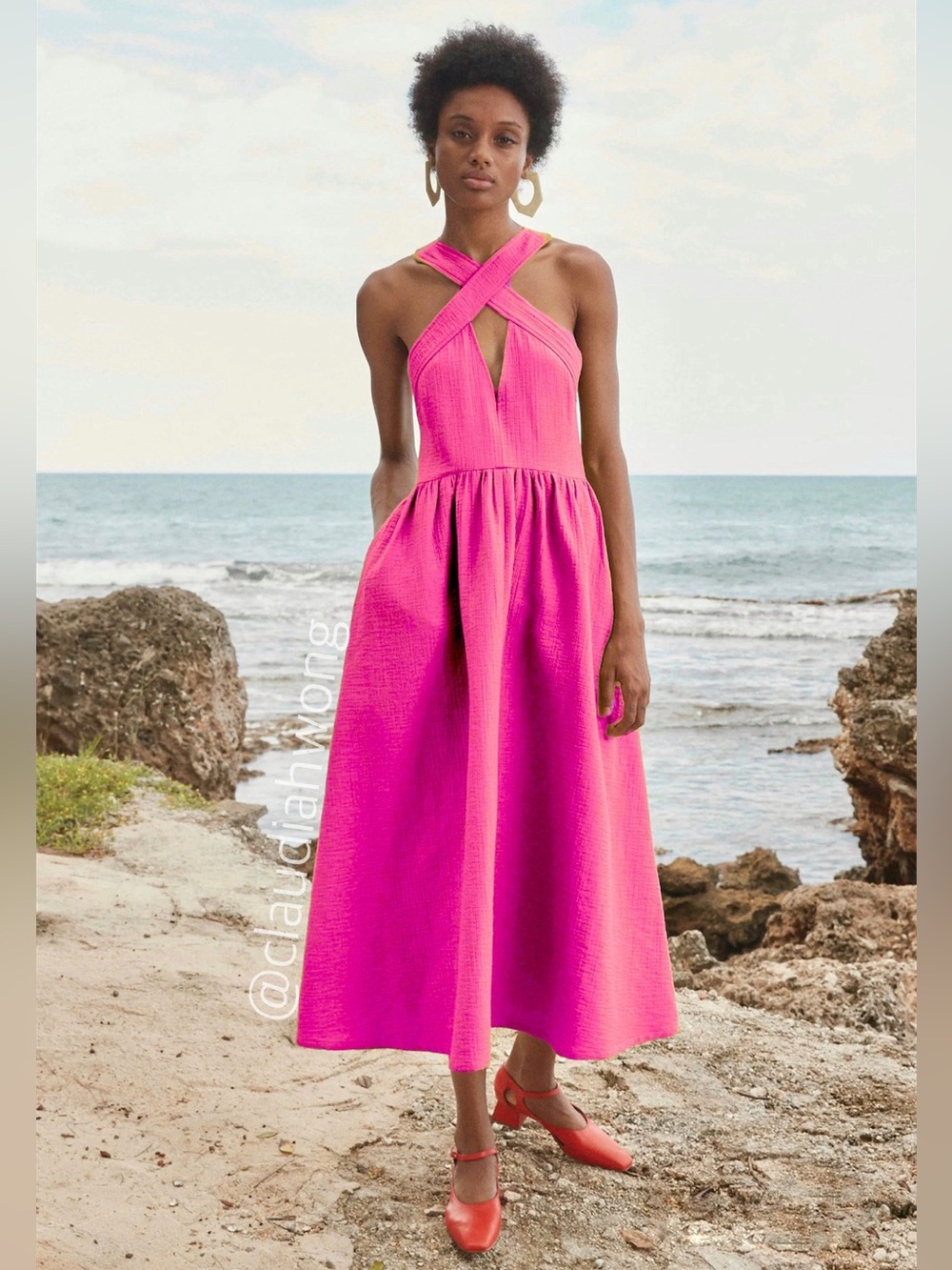 New RACHEL COMEY Terry Cross Strap Midi Dress in Fuschia Pink